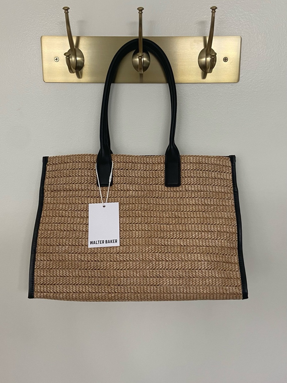 Walter Baker Tan Woven Tote with Black Handles